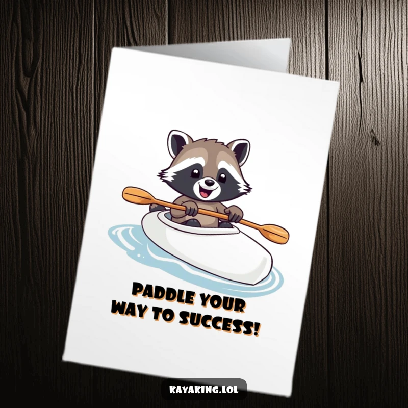 Funny Free Printable Congratulations Card: Joyful raccoon paddles kayak, celebrating success with a hilarious, downloadable touch.