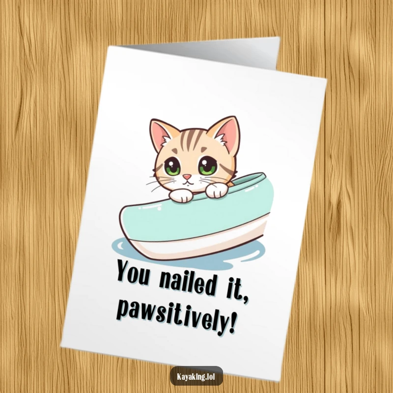 Funny Free Printable Congrats Card: Curious cat peering from a kayak, celebrating success. Hilarious downloadable.