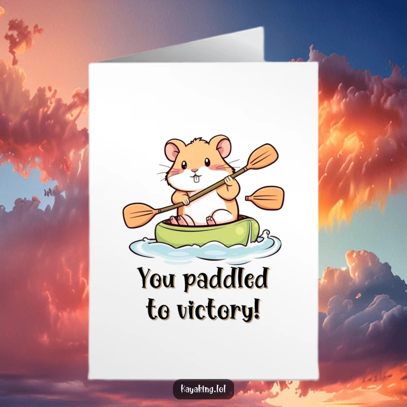 Free Printable Congratulations Card: A tenacious hamster paddles a kayak with fierce determination, celebrating success.
