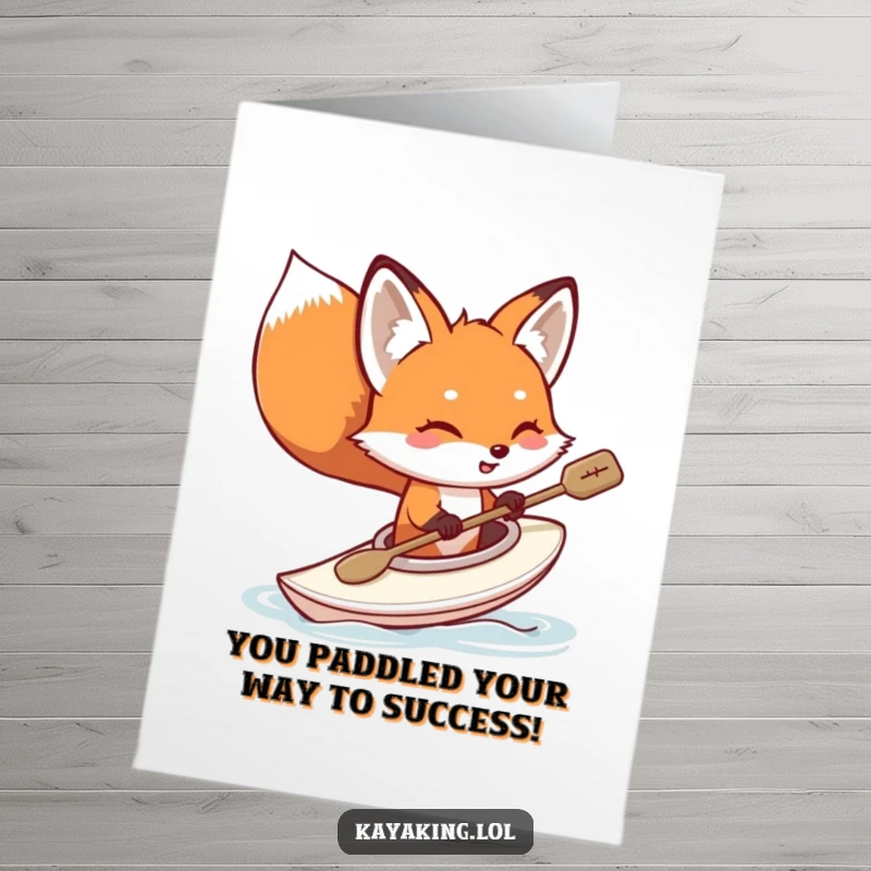 Funny free printable congratulations card: a determined fox celebrating victory with its kayak, a hilarious downloadable.