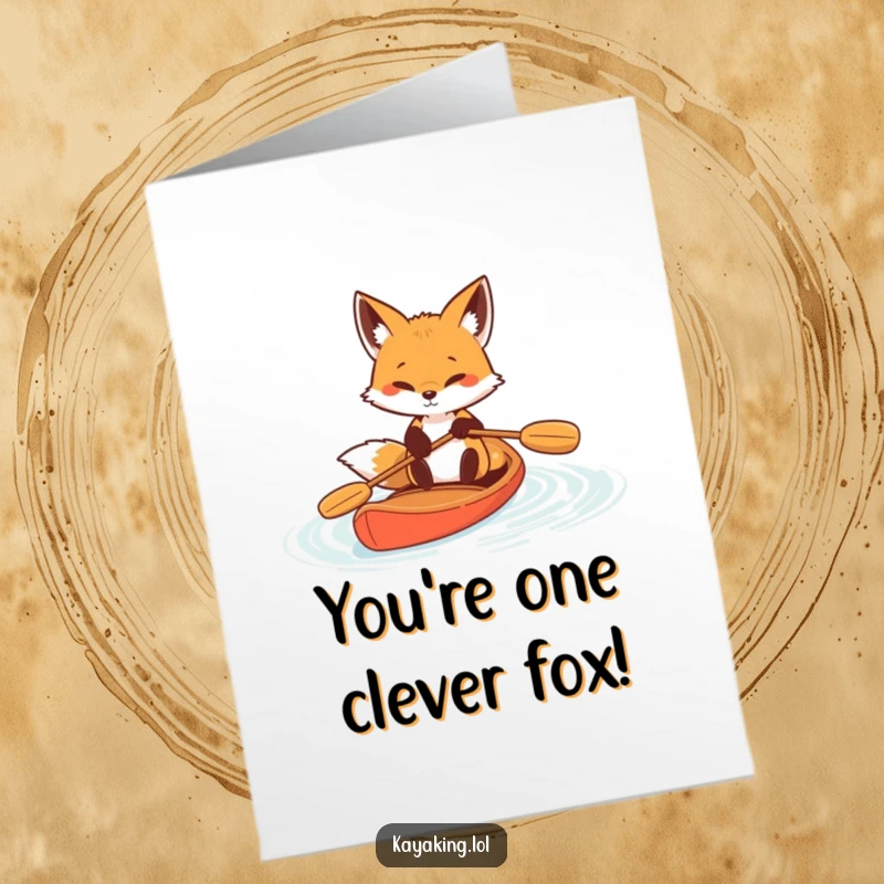 Funny Free Printable Congrats Card: Determined fox paddling vigorously in a kayak, celebrating a successful journey, downloadable art.
