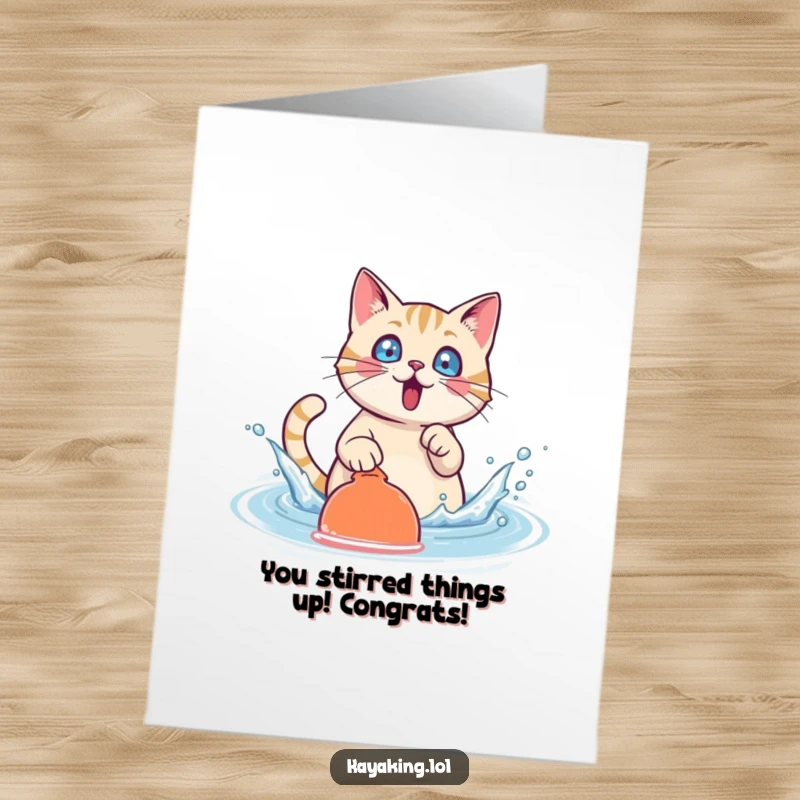 Funny Free Printable Congratulations Card: A surprised cat character creating a big water splash while paddling, celebrating an achievement.