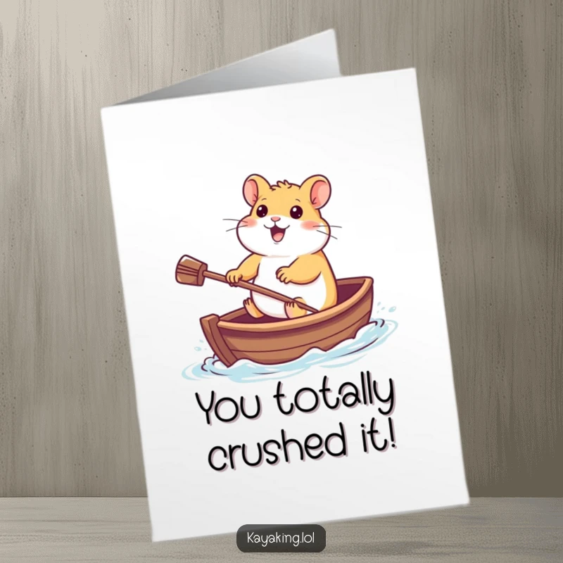 Funny Free Printable Congratulations Card: A cheerful hamster crosses the finish line in a tiny boat, celebrating.