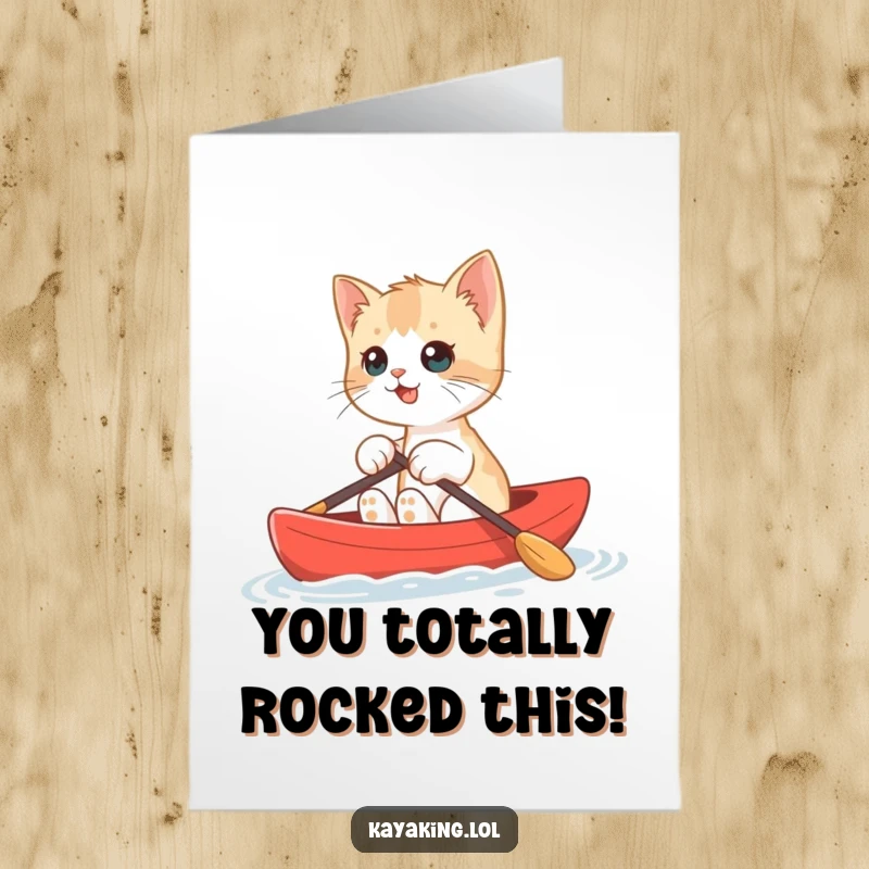 Funny Free Printable Congrats Card: A happy kitten navigating a mini red kayak, symbolizing a smooth journey to success.