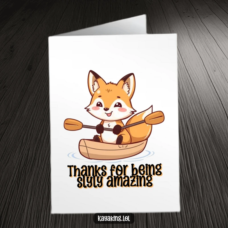 Funny Free Printable Thank You Card: Grinning fox with sparkling eyes sits in a kayak, offering thanks humorously.