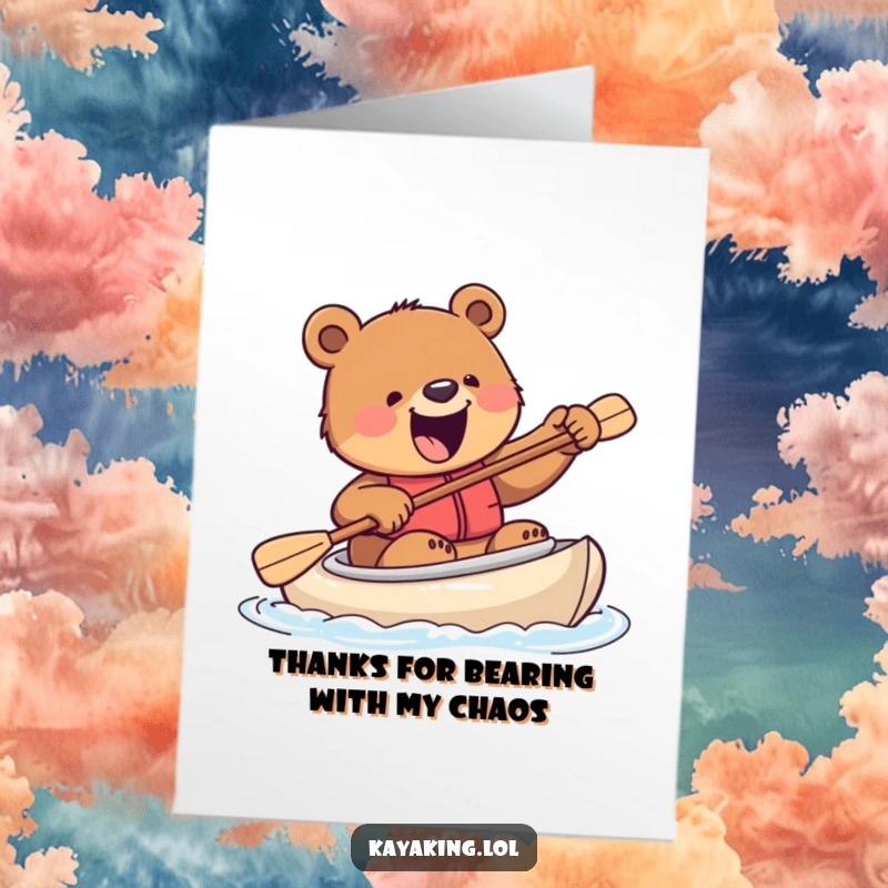 Funny Free Printable Thank You Card: An excited bear steers a kayak with a paddle, expressing thanks with gusto.