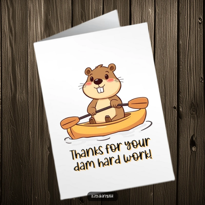 Funny free printable thank you card featuring a determined beaver paddling a small kayak with enthusiasm.