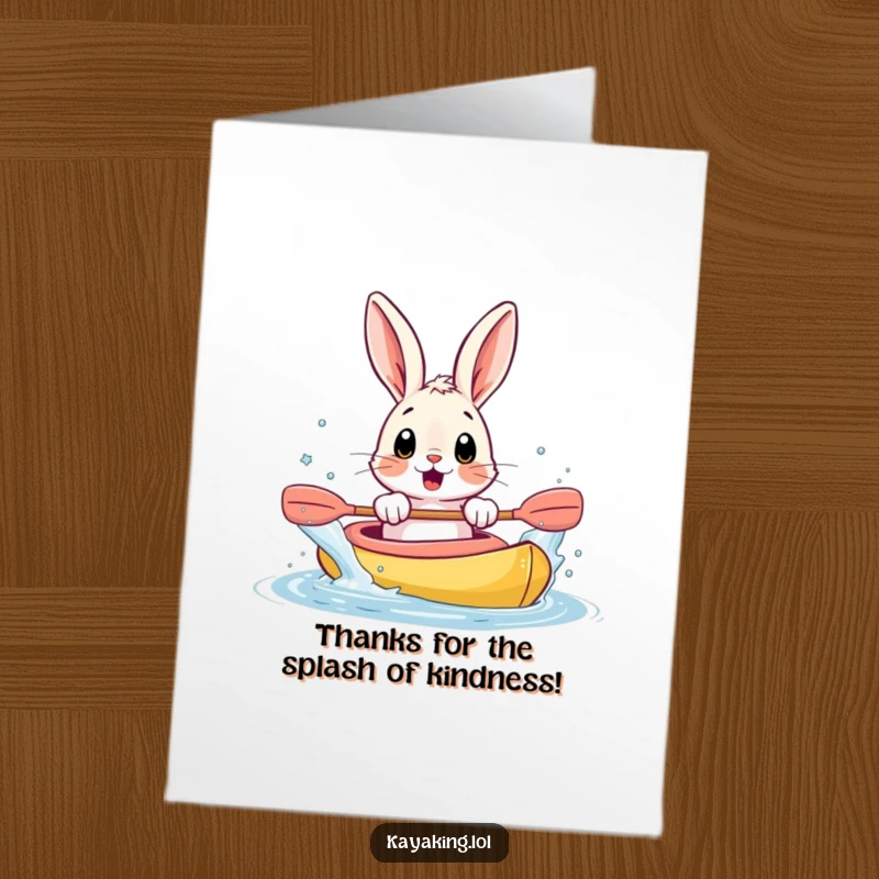 Funny free printable thank you card featuring a surprised bunny splashing water from a kayak with its paws.