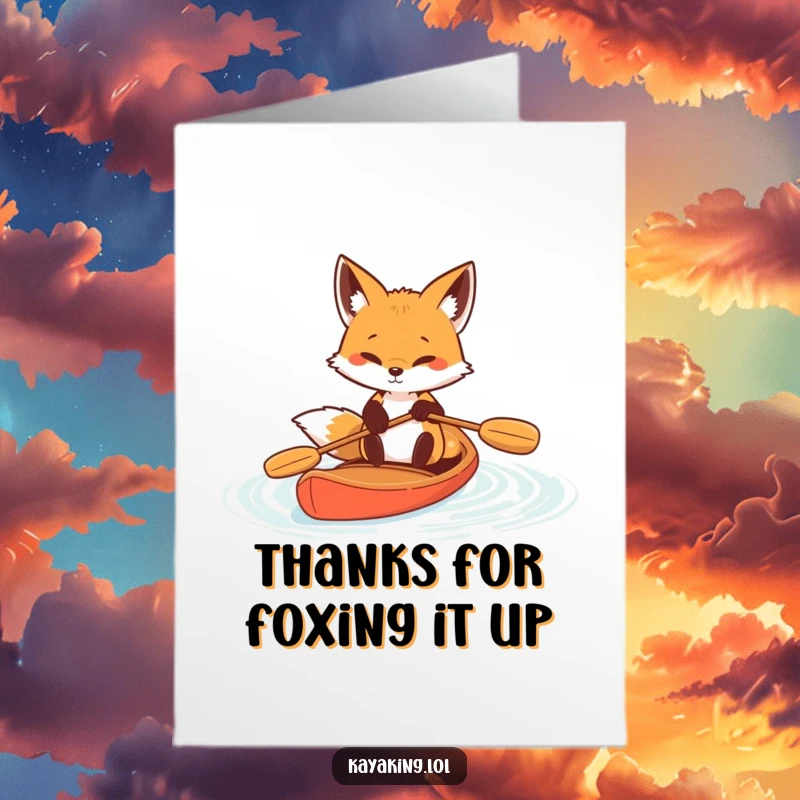 Funny Free Printable Thank You Card: Determined fox paddling with focus, showing effort and gratitude, DIY downloadable.