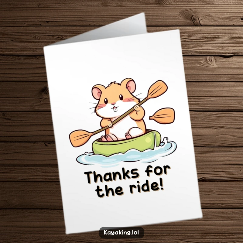 Funny Free Printable Thank You Card: A determined hamster paddles a kayak with all its might, expressing effortful thanks.