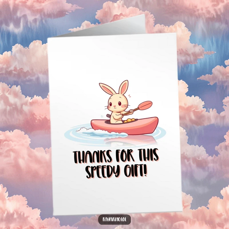 Funny Free Printable Thank You Card: An energetic rabbit zooms its kayak along, offering thanks.