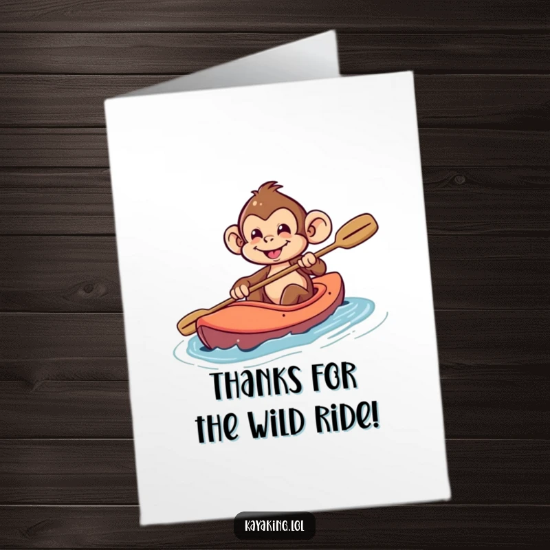 Funny Free Printable Thank You Card: A playful monkey steering a kayak with a mischievous grin, sending thanks on the water.