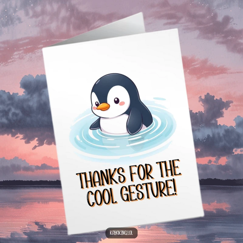 Funny Free Printable Thank You Card: A curious penguin gliding through calm water, looking around with gentle gratitude.