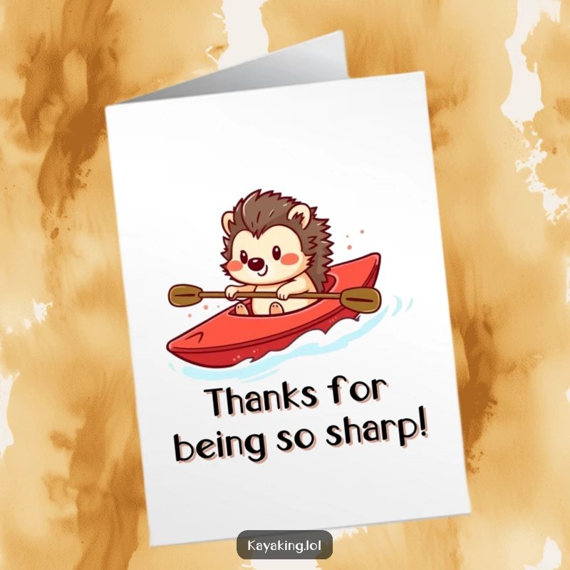 Funny Free Printable Thank You Card: A playful hedgehog smiles while steering a bright red kayak.