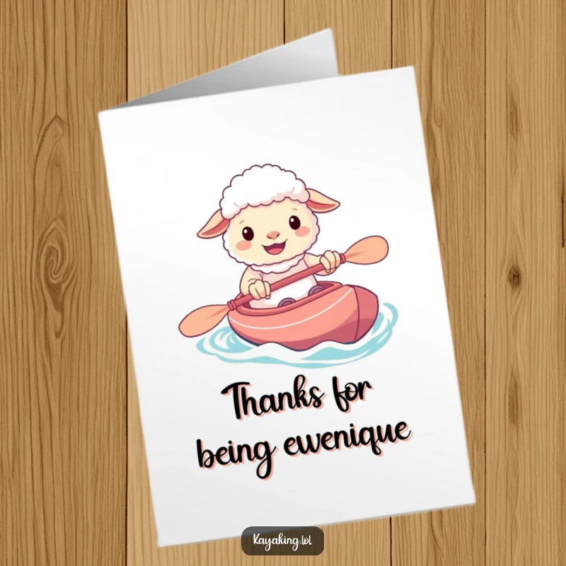 Funny Free Printable Thank You Card with a cheerful sheep grinning while paddling its kayak, a unique way to say thanks.