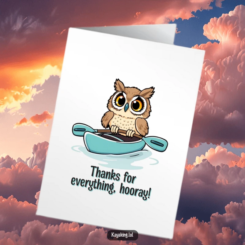 Funny Free Printable Thank You Card: A wide-eyed owl, startled by its kayak, moments from tipping.