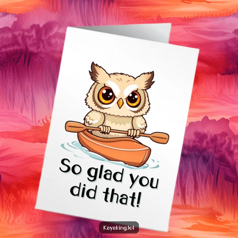 Funny Free Printable Thank You Card: Startled owl kayaking, surprised expression, perfect for showing gratitude with humor.