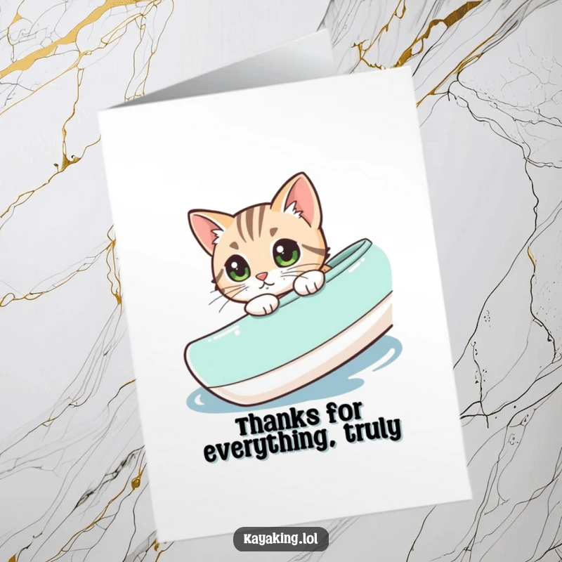 Funny Free Printable Thank You Card: Curious cat peeking over kayak, expressing thanks. Printable charm.
