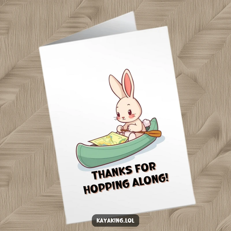 Funny Free Printable Thank You Card: A curious bunny looks at a map from its kayak, appreciating guidance.