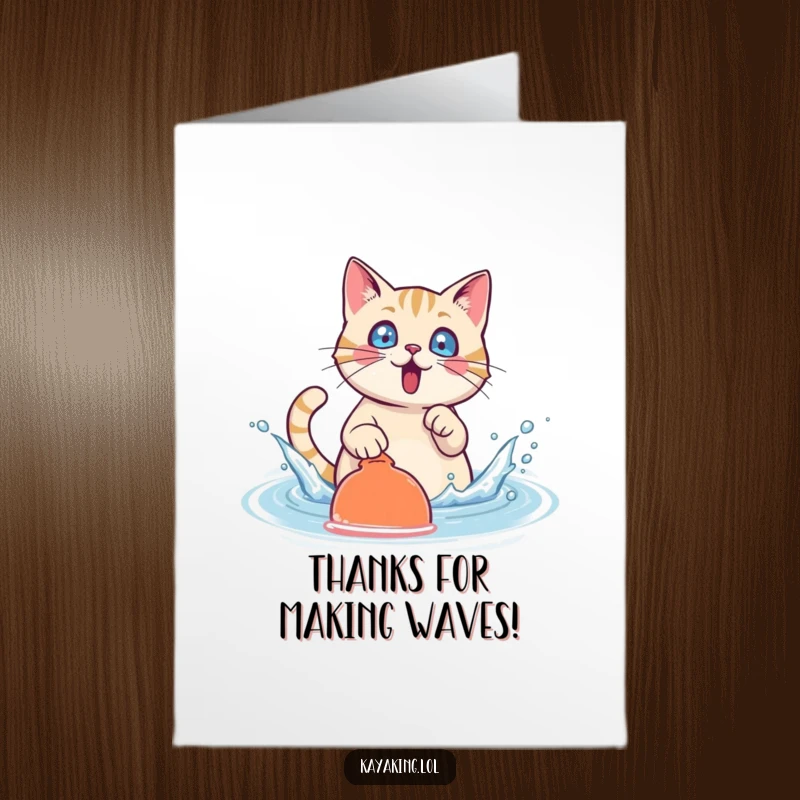 Funny Free Printable Thank You Card: A surprised cat character splashing water exuberantly with its paddle, expressing thanks.