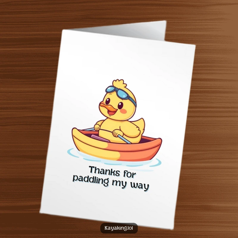 Funny Free Printable Thank You Card: Adorable duck in a kayak, sending thanks with a big smile. Printable joy.