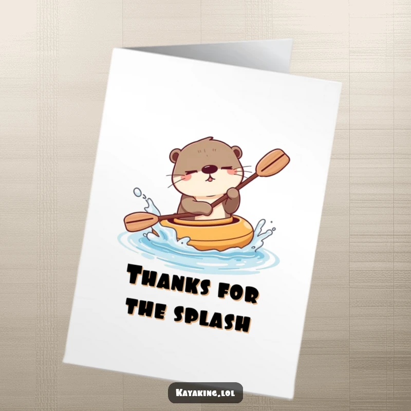 Funny Free Printable Thank You Card: A winking otter in a kayak playfully splashes water, expressing thanks.