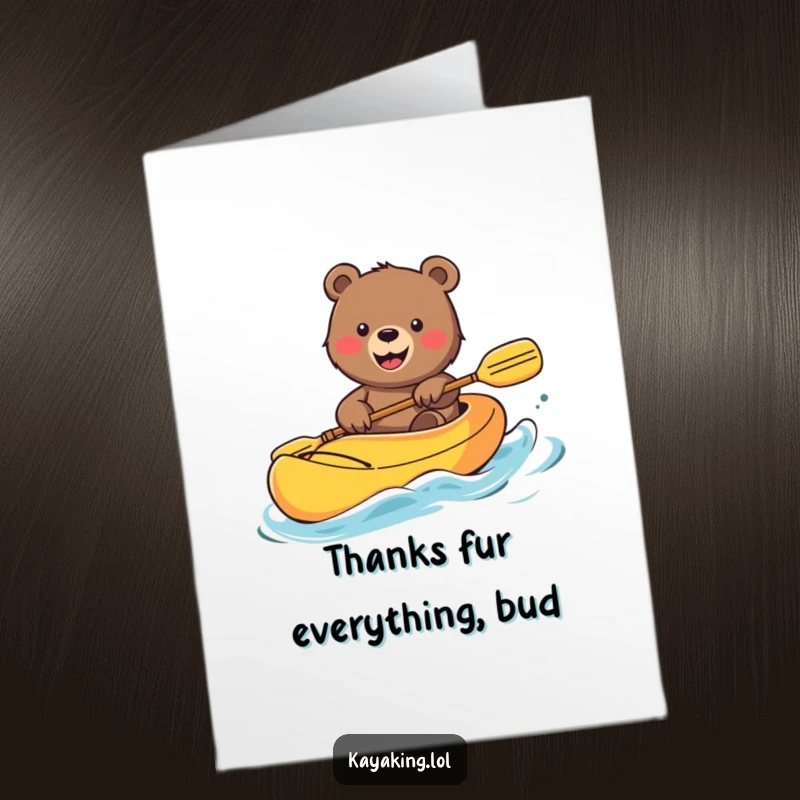 Funny Free Printable Thank You Card: Smiling bear waving from a kayak, expressing gratitude, a friendly downloadable greeting.