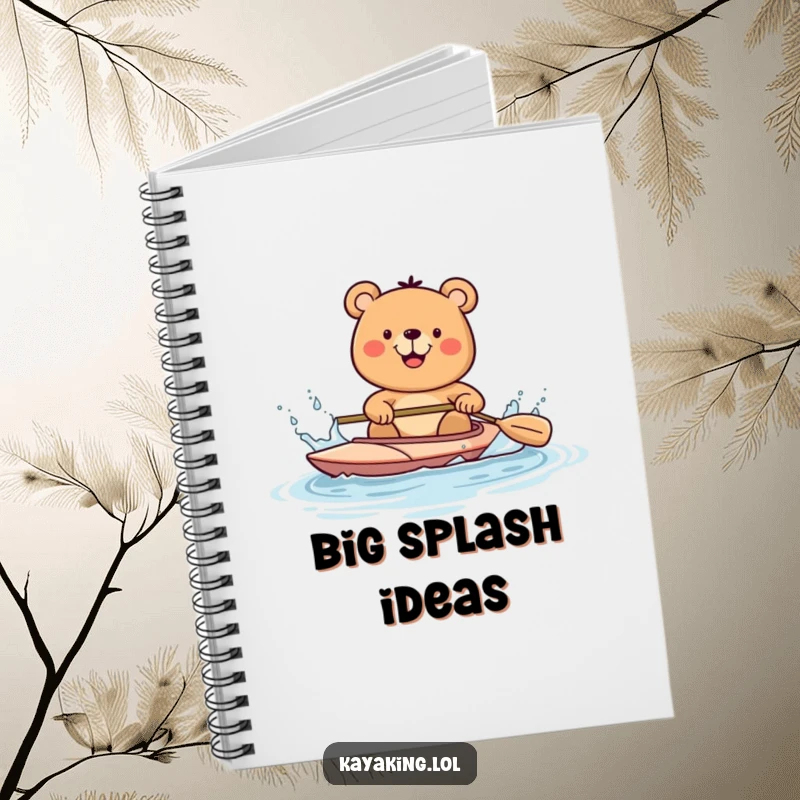 Funny happy bear paddling a kayak and splashing water, on a notebook cover, encouraging joyful note-taking and outdoor dreams.
