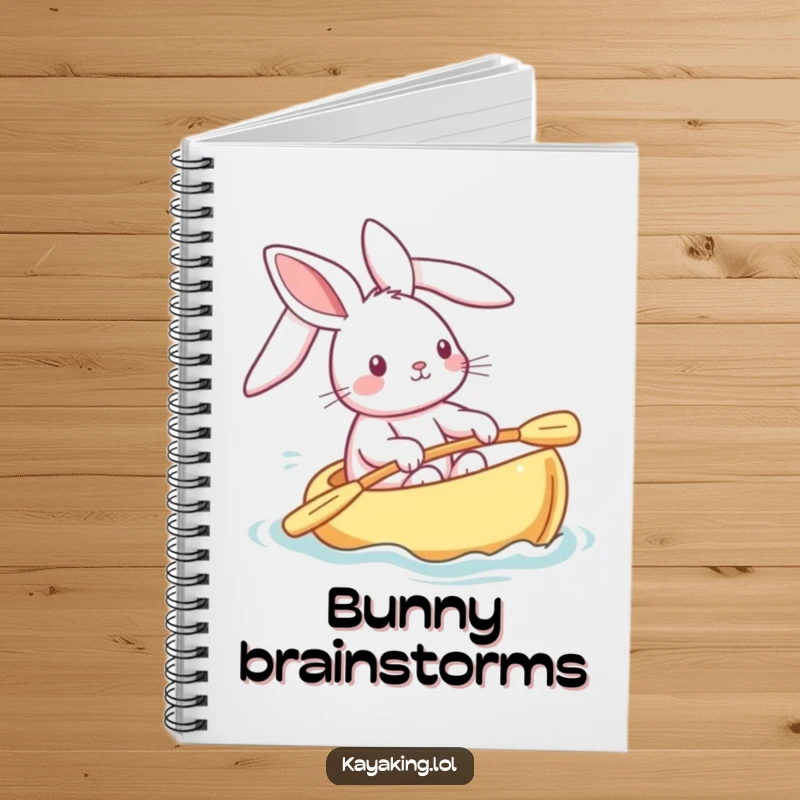 Funny bunny notebook with a playful rabbit steering a kayak, ears streaming, perfect for writing and capturing ideas with charm.