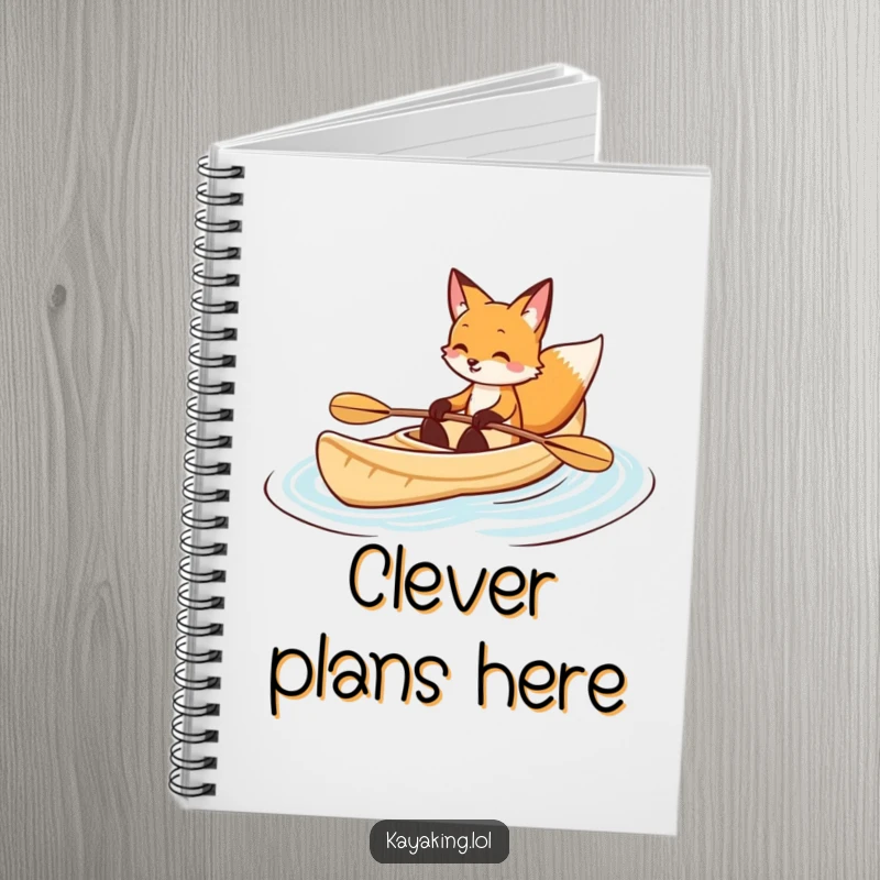 Funny fox kayaking notebook with a smiling fox paddling a kayak, perfect for journaling and creative endeavors.