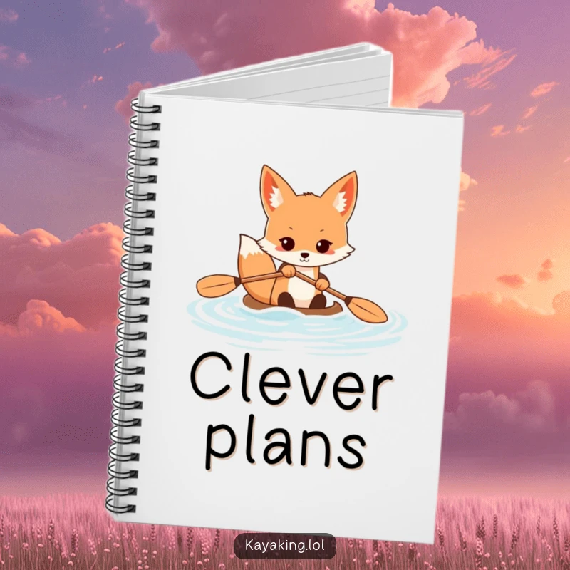 Funny fox notebook with a determined animal paddling a kayak, perfect for journaling, planning, and capturing strategic ideas.