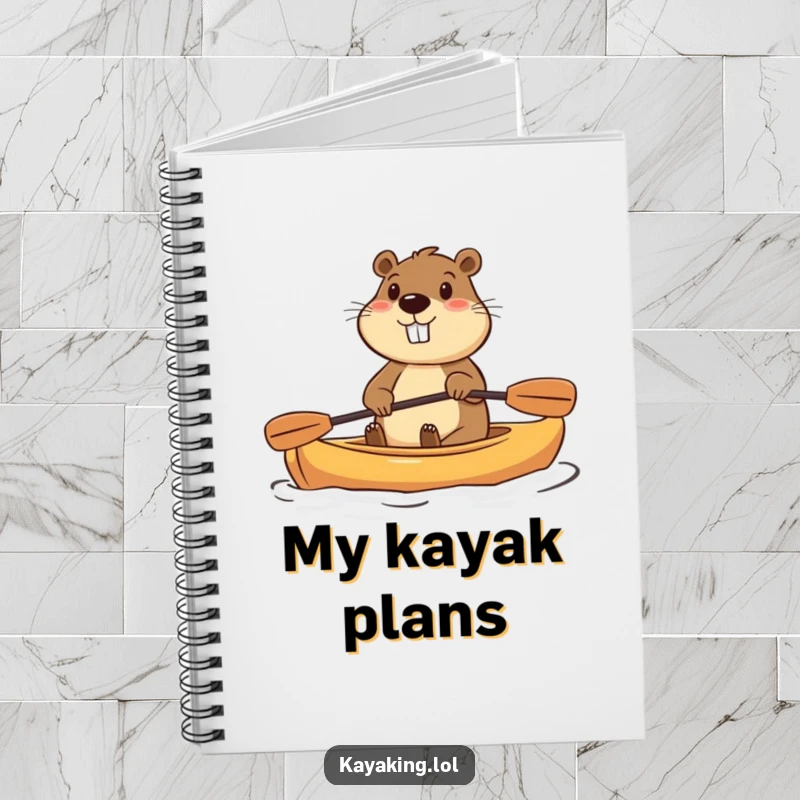 Funny notebook featuring a determined beaver paddling a small kayak with enthusiasm, ideal for note-taking and planning.