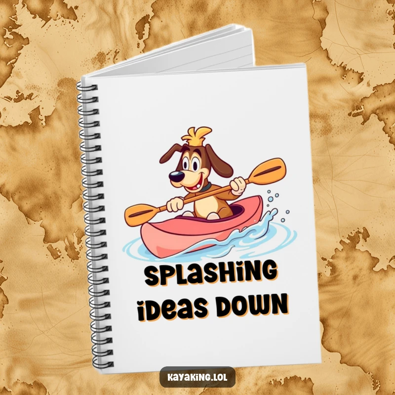Funny Notebook with a goofy dog splashing water with a paddle in a kayak, designed for humorous note-taking.