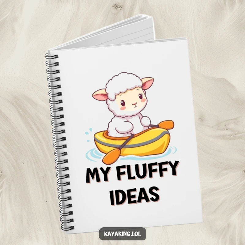 Funny fluffy sheep bobbing in a brightly colored kayak, inspiring gentle thoughts and cheerful notes. This notebook is packed with pastoral charm.
