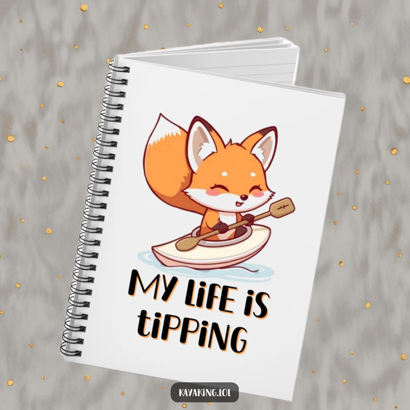 Funny fox kayaking notebook, a cute red fox tipping its kayak, water splashes, perfect for note-taking and journaling adventures.
