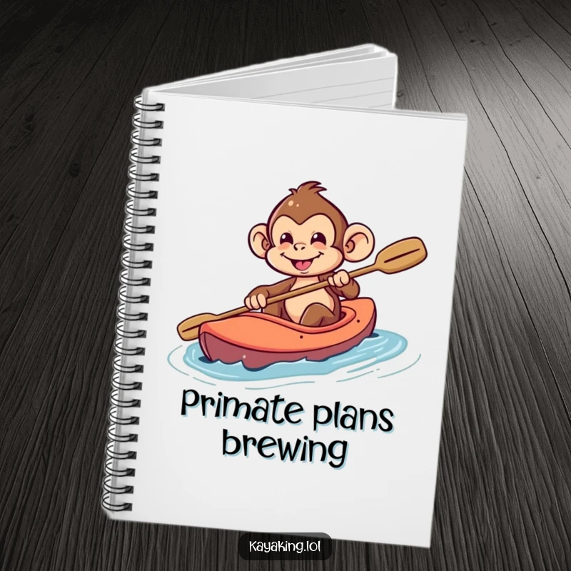 Funny Monkey Notebook: A playful monkey with a mischievous grin steering a kayak, perfect for jotting down adventure notes.