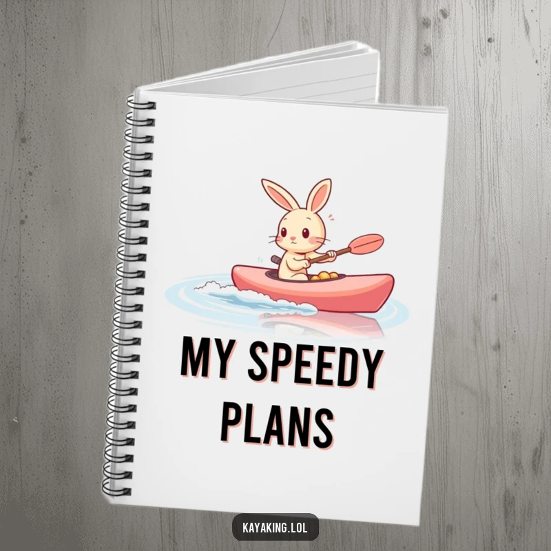 Funny rabbit zooming in a kayak on calm water, gracing the cover of a notebook for fast note-taking.