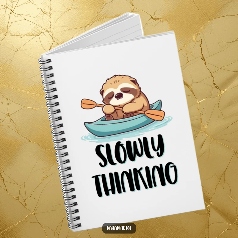 Funny sloth napping in a kayak with paddle, gracing the cover of a notebook for calm writing.