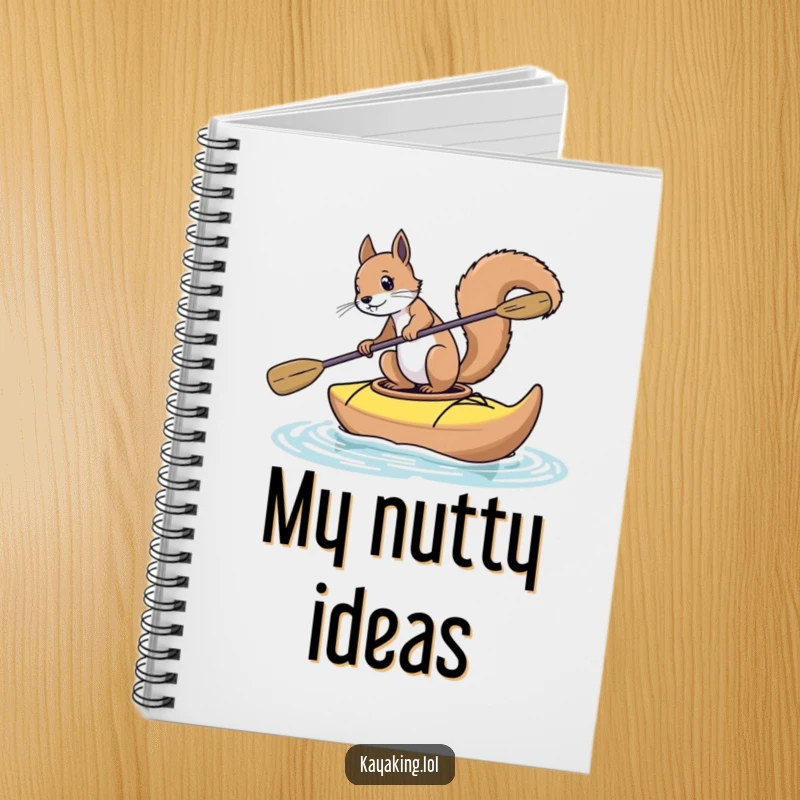 Funny squirrel notebook featuring a squirrel attempting to kayak, ideal for jotting down adventurous thoughts and notes.