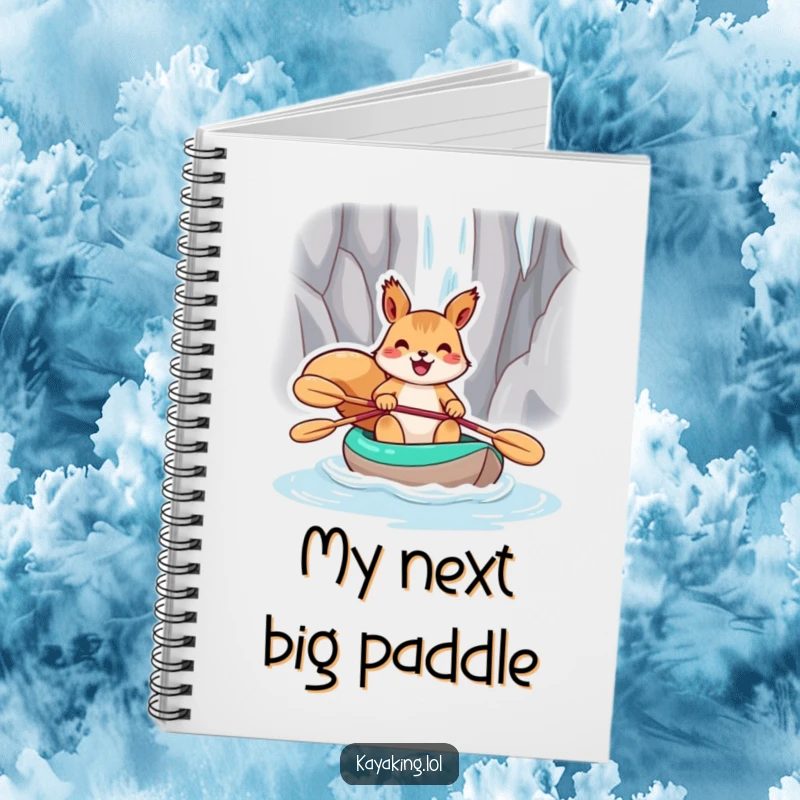 Funny squirrel kayaking towards a waterfall, gracing the cover of a notebook for creative jotting.
