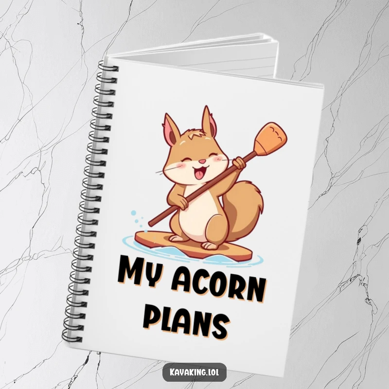 Funny notebook with a determined squirrel flipping its paddle with playful effort, ready to capture inspired thoughts.