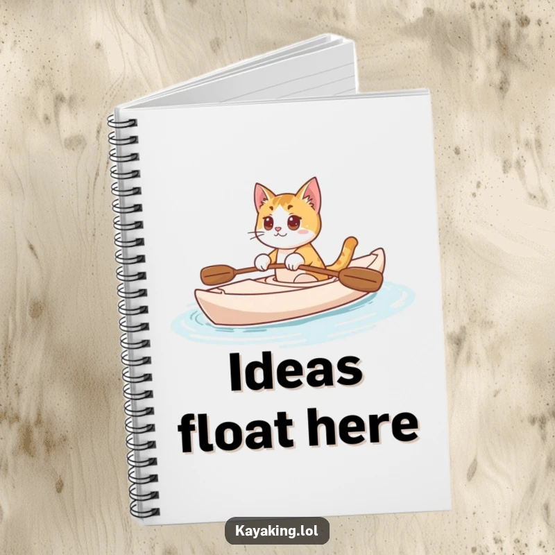 Funny Cat Notebook: Curious cat paddling a kayak on calm water, designed for jotting down ideas with humor.