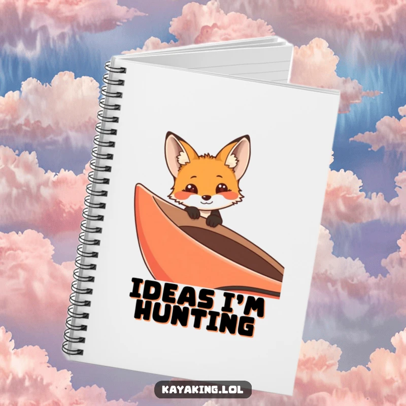 Funny curious fox peering over the edge of a kayak on a notebook, a humorous and practical journal for adventurers.