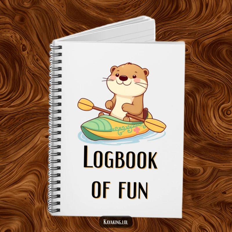 Funny notebook with a happy otter paddling a decorated kayak with a grin, ideal for journaling joyful adventures and bright thoughts.