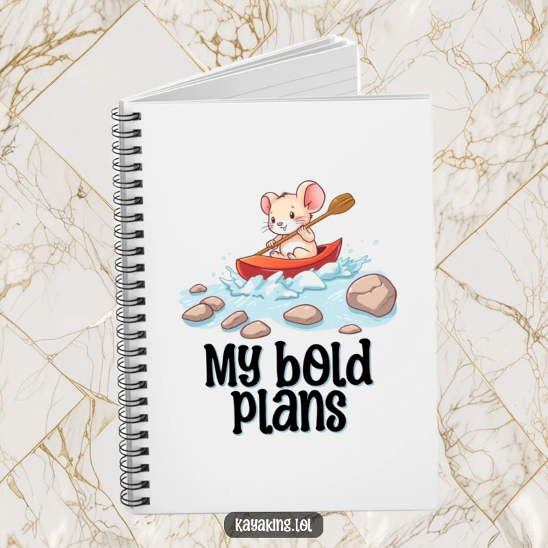 Funny brave mouse navigating rapids in a small kayak on a notebook, a humorous and practical journal for adventurers.