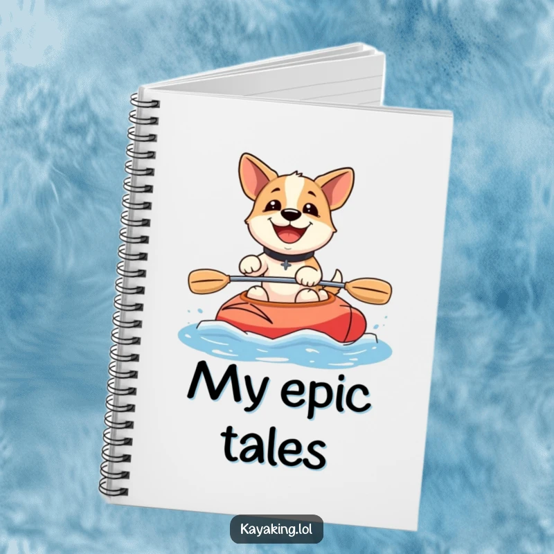 Funny happy dog kayaking notebook with a happy dog paddling a kayak, ideal for jotting down notes and creative thoughts.
