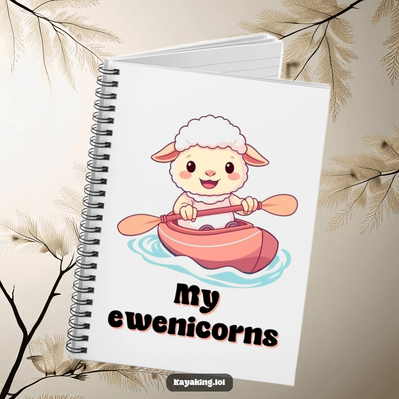 Funny notebook with a cheerful sheep grinning while steering its kayak, ready to capture inspired thoughts and plans.