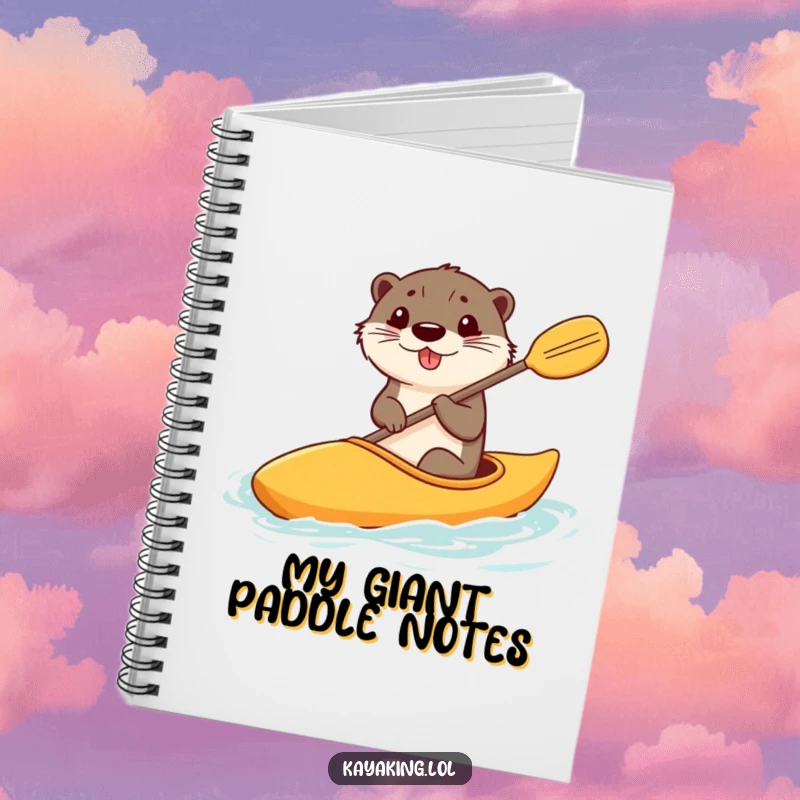 Funny notebook featuring a happy otter steering a kayak with a comically large paddle, ideal for note-taking with humor.