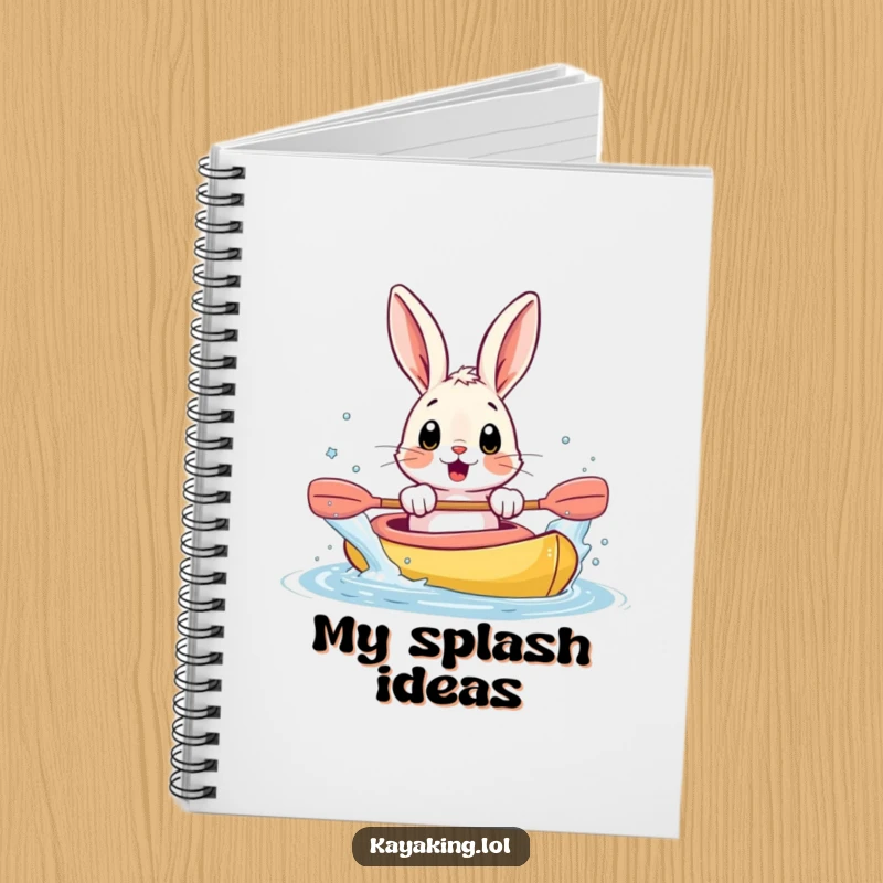 Funny notebook featuring a surprised bunny splashing water from a kayak with its paws, ideal for note-taking with humor.