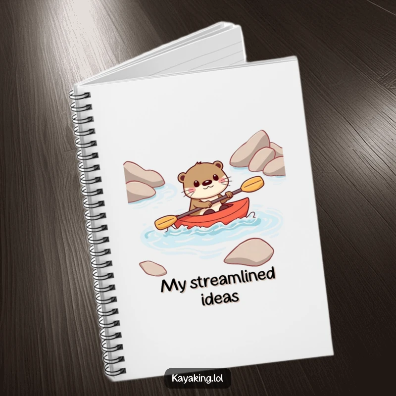 Funny notebook with a playful otter character navigating rapids in a kayak, ideal for jotting down adventure notes.